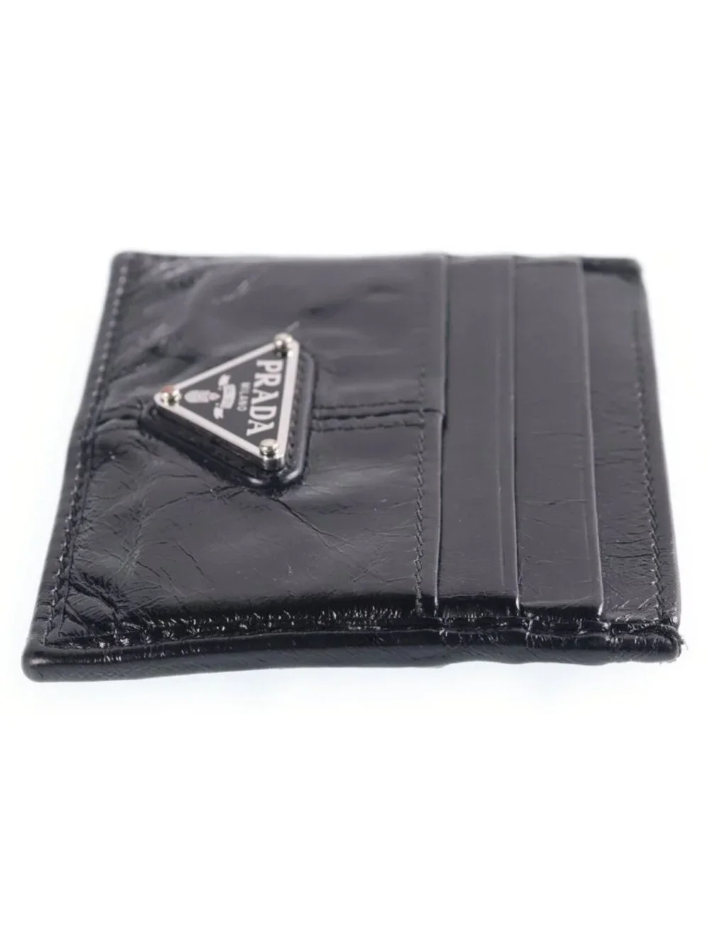 Prada Triangle Logo Leather Card Case Black